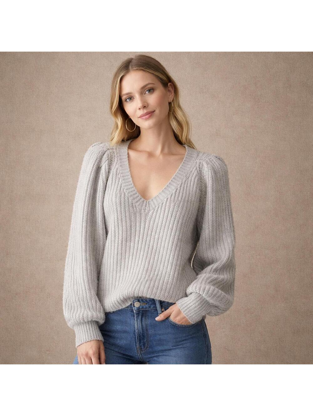 190 SOS DESIGN Gray Chunky Knit Sweater with Puff Sleeves (Size US 6, NWOT)